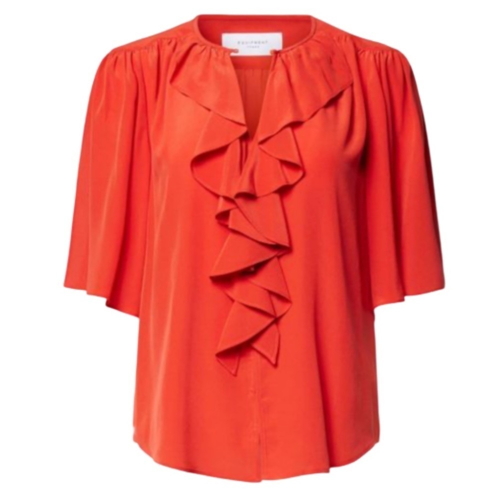 EQUIPMENT FEMME Orange Silk Ruffled Short Sleeve Top - Medium